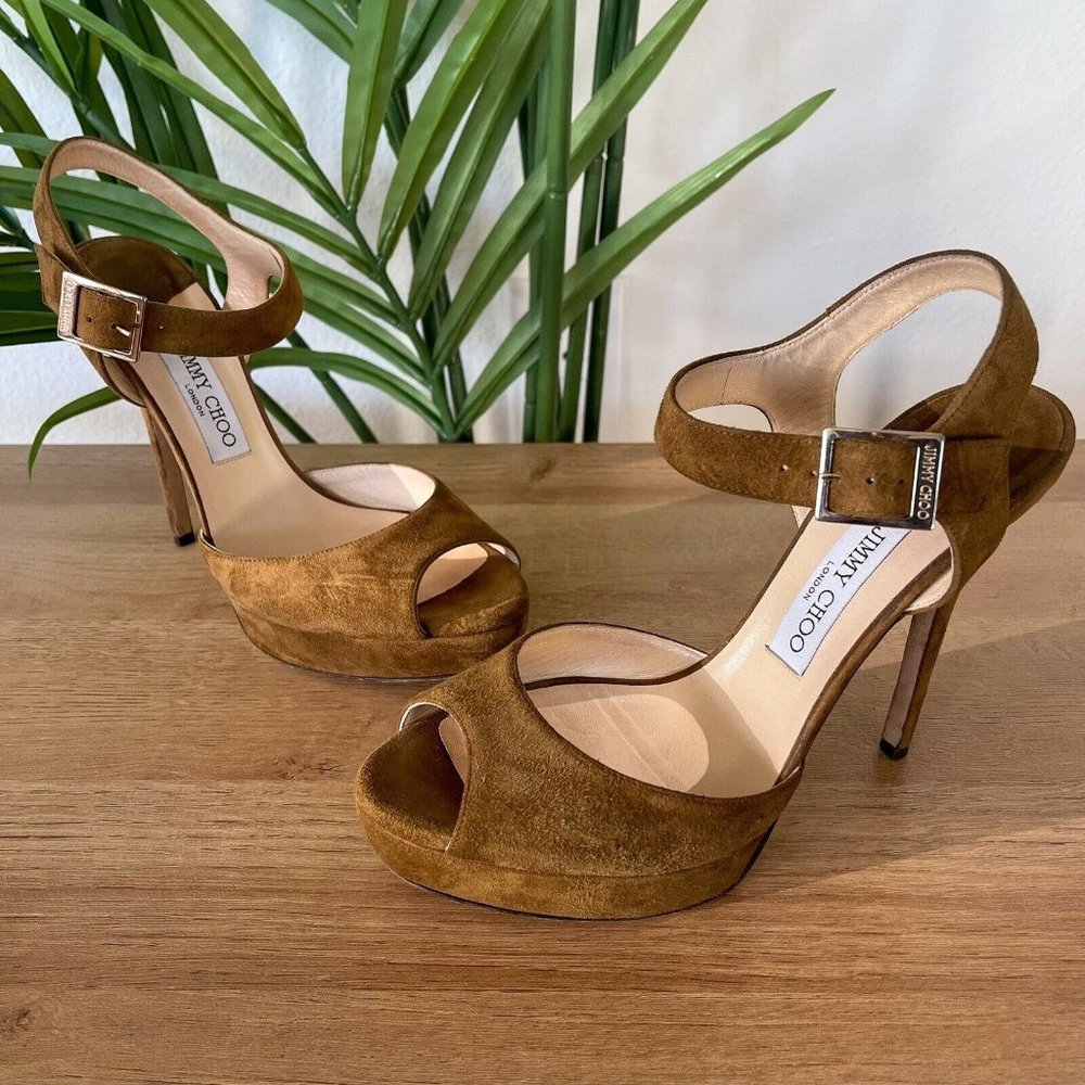 Jimmy Choo Women's Sz 40.5 US 10.5 Linda Suede Leather Tan Brown Sandals Heels